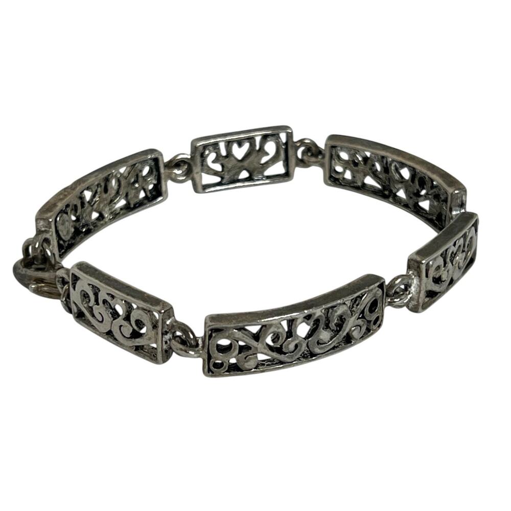Premier Designs Hearts Link Bracelet Silver Tone Filigree Heart Panel 7"